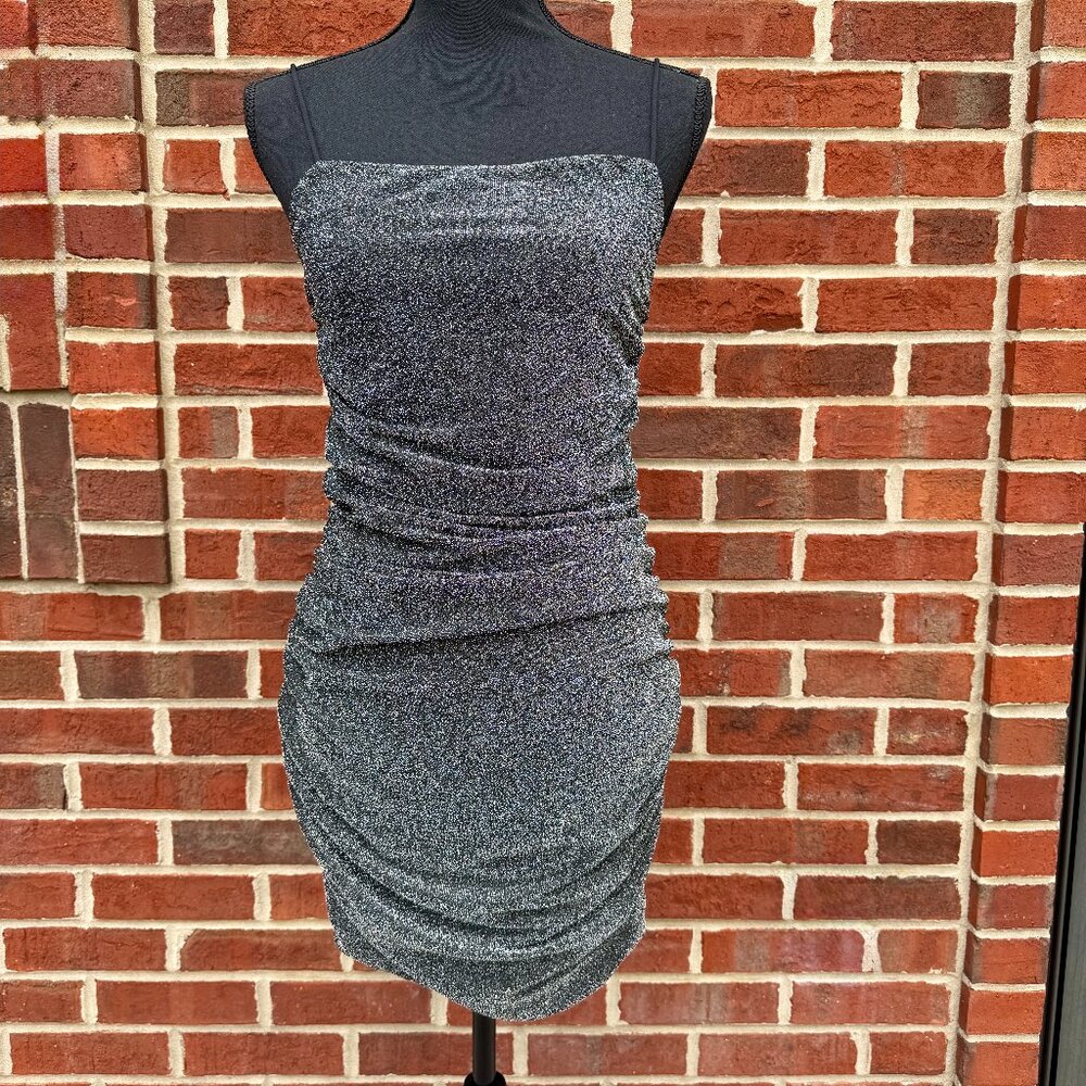 Shein Party Cocktail Dress Size Medium Black Gray Sparkle Sleeveless Ruched